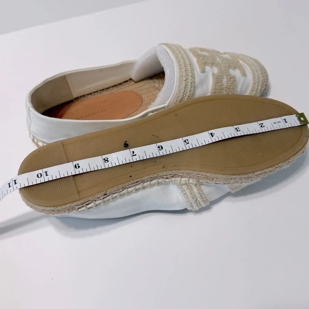 Tory Burch Ines Double T Canvas Espadrilles White Coastal Tan Flat Sz 10 Summer